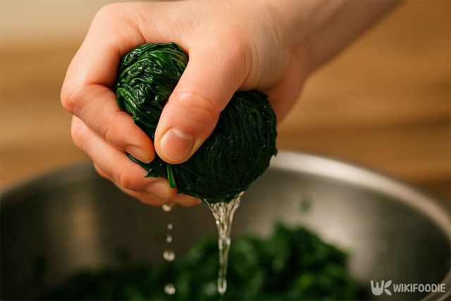 다듬은 고춧잎을 데친 뒤, 물기를 꼭 짜낸다. / 위키푸디