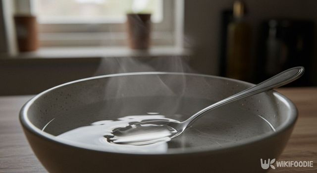 은수저를 따뜻한 물에 데우고 있다. / 위키푸디