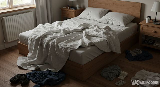 침구와 옷들이 어질러져 있는 모습. / 위키푸디