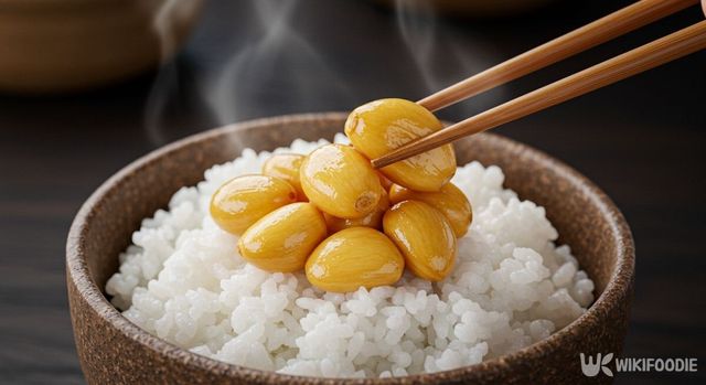 마늘 장아찌가 밥 위에 올려져 있다. / 위키푸디