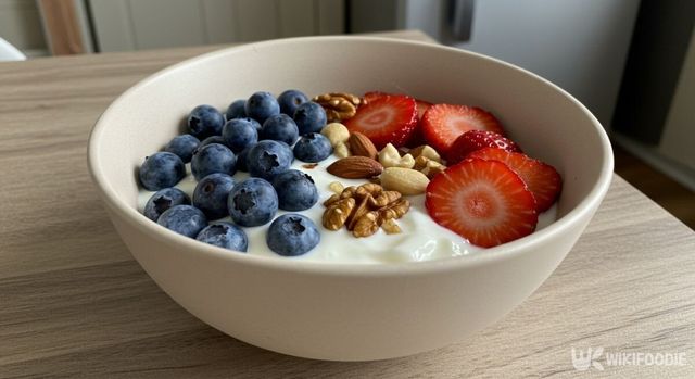 저지방 요거트에 과일과 견과류 토핑이 올려진 모습. / 위키푸디