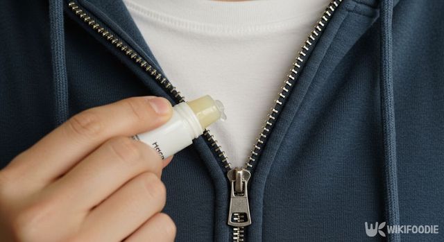 후드 집업 지퍼에 립밤을 바르는 모습. / 위키푸디