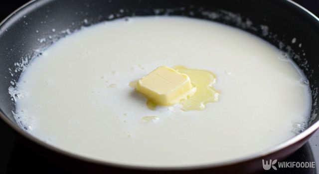 설탕을 녹인 우유에 버터를 넣은 모습. / 위키푸디