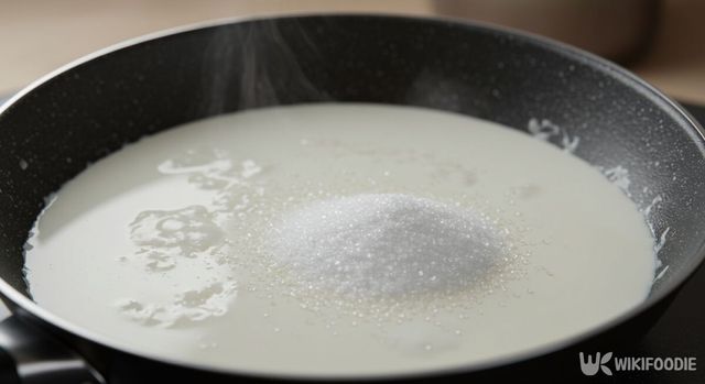 프라이팬에 우유와 설탕을 넣은 모습. / 위키푸디