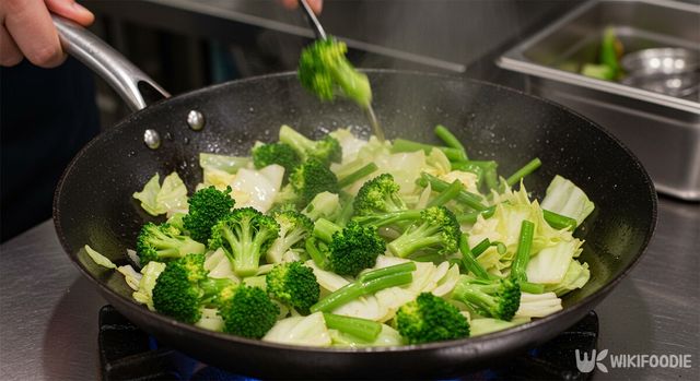브로콜리를 양배추, 미나리와 함께 볶는 모습. / 위키푸디