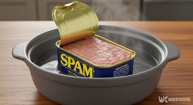 그릇에 뜨거운 물을 붓고 통조림 전체를 그대로 담근 모습. / 위키푸디