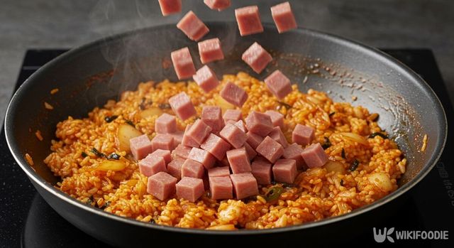 우유에 담갔다 꺼낸 스팸을 김치볶음밥에 넣는 모습. / 위키푸디