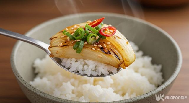 밥 위에 구운 양파 절임을 올린 모습. / 위키푸디