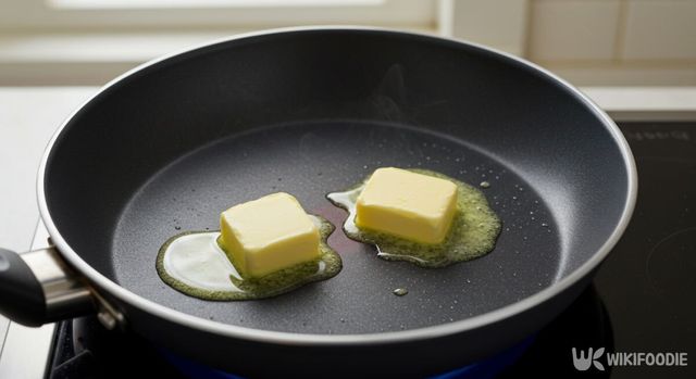 프라이팬에 버터 두 조각을 녹이고 있다. / 위키푸디