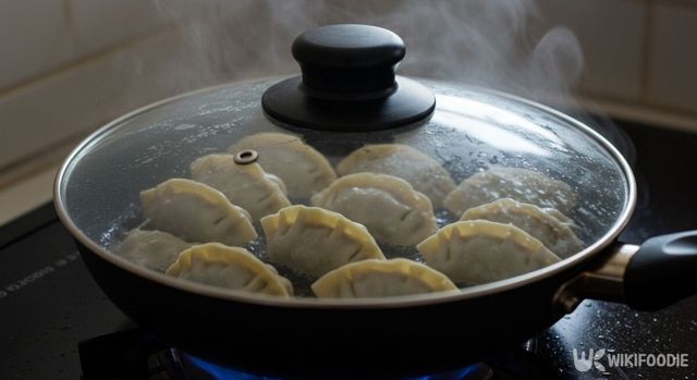 군만두를 기름과 물로 굽고 있다. / 위키푸디