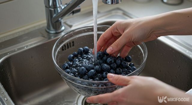 냉동 블루베리를 흐르는 물에 씻는 모습. / 위키푸디