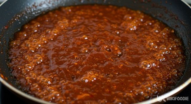 기름 떡볶이 양념장이 프라이팬에서 끓고 있다. / 위키푸디