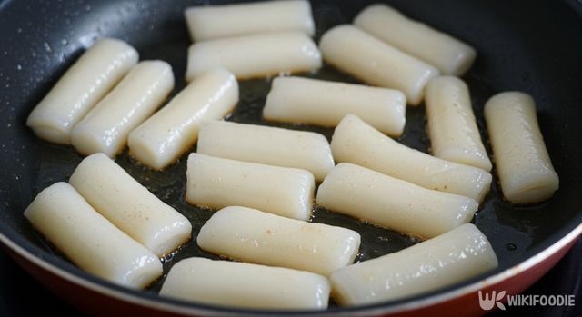프라이팬에 떡볶이 떡을 튀기는 모습. / 위키푸디