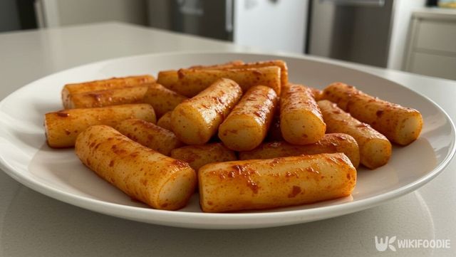 기름 떡볶이가 접시에 담겨 있다. / 위키푸디