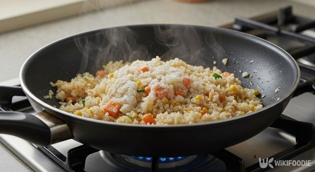 냉동볶음밥을 프라이팬에 데우고 있다. / 위키푸디