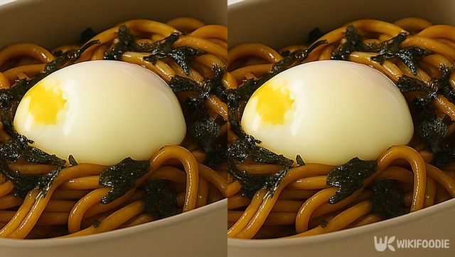 전자레인지로 조리한 간장 파스타 모습. / 위키푸디