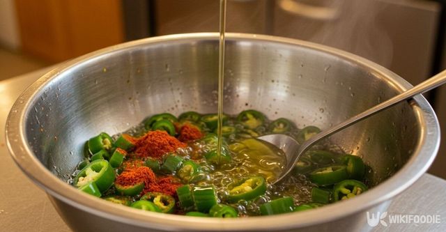 끓는 올리브유를 볼에 붓고 있다. / 위키푸디