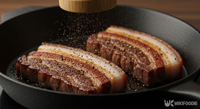 삼겹살 위에 통후추를 갈아 뿌리고 있다. / 위키푸디