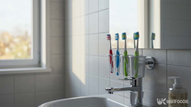 화장실 세면대 위 칫솔걸이에 칫솔이 잘 정리돼 있다 / 위키푸디