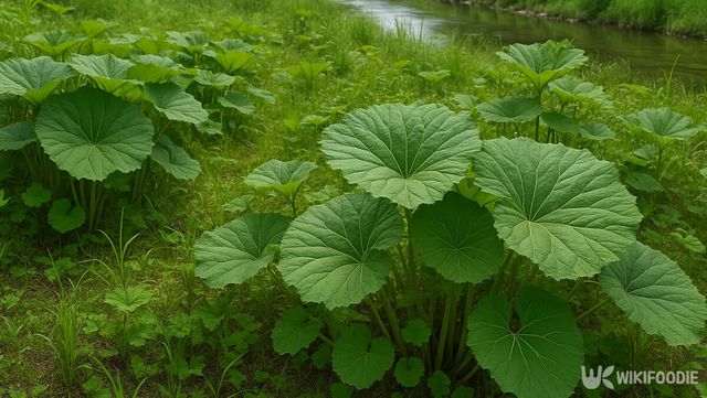 야산, 습지, 논둑, 하천가 등에서 자라는 머위잎 사진. / 위키푸디