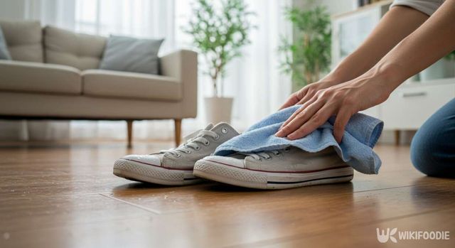 젖은 신발을 마른 수건으로 물기 제거하고 있는 사진 / 위키푸디