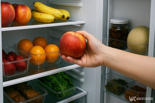 신비 복숭아를 냉장고에 넣고 있다. / 위키푸디