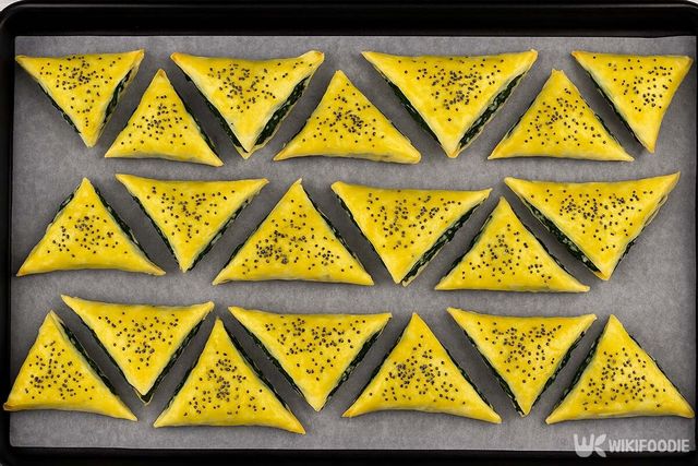 삼각형 모양의 시금치 치즈 파이. / 위키푸디