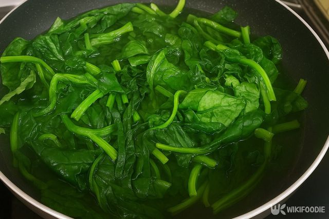 시금치를 끓는 물에 데치는 모습. / 위키푸디