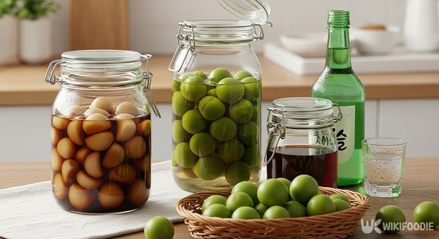 마늘장아찌와 매실청, 소주 사진. / 위키푸디