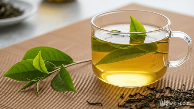 녹차를 우리고 있는 잔. / 위키푸다