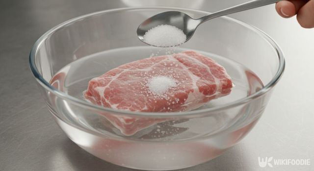 냉동고기와 물이 담긴 그릇에 설탕을 넣고 있다. / 위키푸디