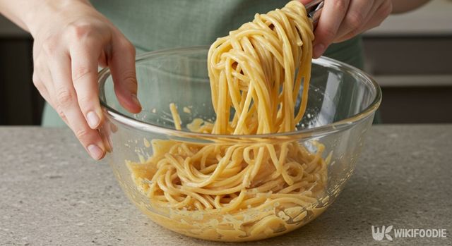 소스에 에그누들을 섞는 모습. / 위키푸디