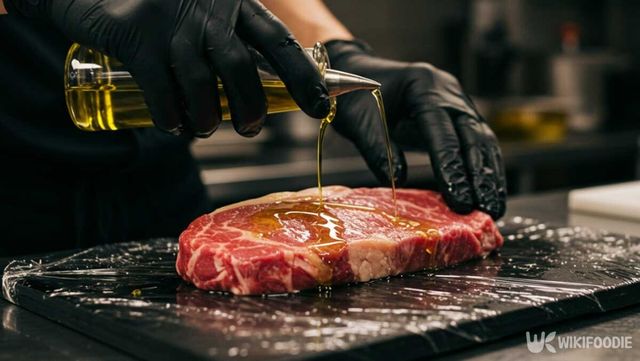 스테이크 고기에 식용유를 바르는 모습. / 위키푸디
