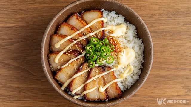 삼겹살 덮밥 위에 마요네즈 소스를 올린 자료 사진. / 위키푸디