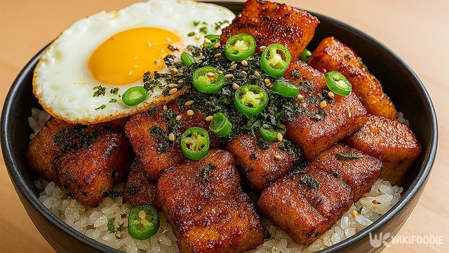 토핑을 추가한 삼겹살 덮밥 자료 사진. / 위키푸디