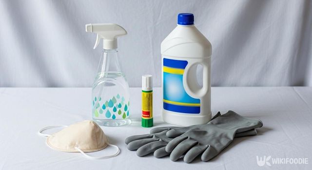 락스, 분무기, 고무장갑, 마스크 사진. / 위키푸디
