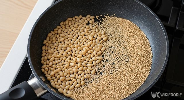 꺠와 잣을 볶고 있는 사진. / 위키푸디