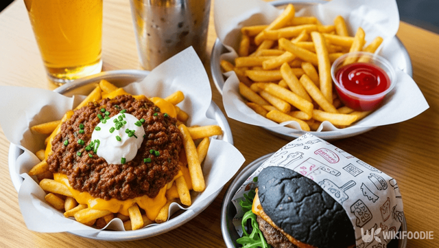 수제버거와 칠리프라이의 사진. / 위키푸디