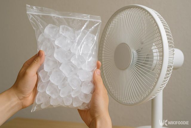 선풍기 앞에 얼음 봉지를 대는 모습 / 위키푸디