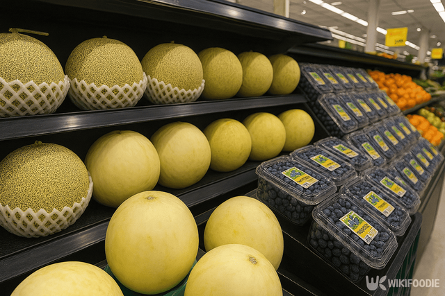 마트에 진열된 멜론과 블루베리 사진 자료 / 위키푸디