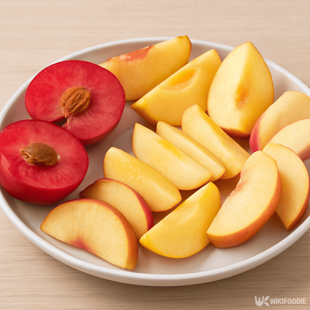 접시에 담아 둔 복숭아와 자두 사진 자료 / 위키푸디