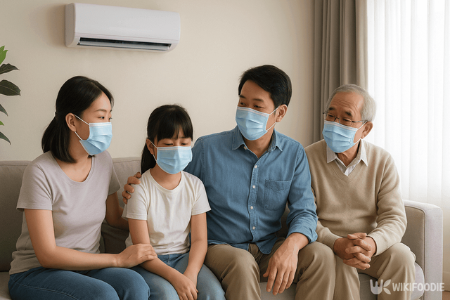 마스크를 쓰고 에어컨 아래에 모여있는 가족사진 자료 / 위키푸디