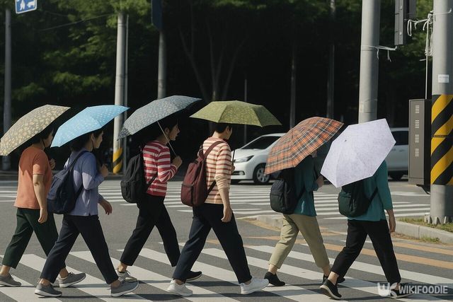 양산을 쓰고 걸어가는 사람들 / 위키푸디