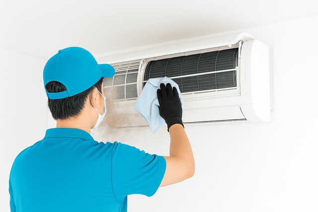 전문가가 에어컨을 청소하고 있는 사진 자료 / 위키푸디