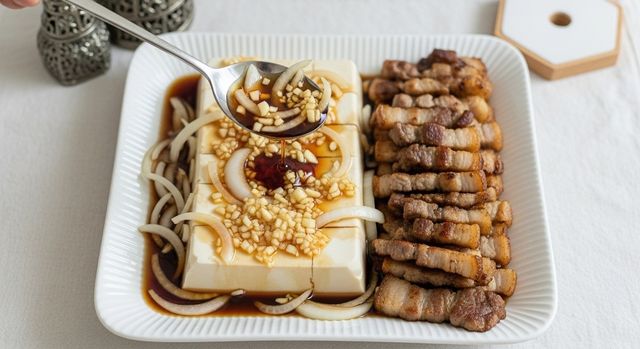 구운 삼겹살과 양파두부냉채의 사진. / 위키푸디