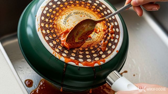 그을린 프라이팬에 케첩과 베이킹소다를 섞어 바르는 모습. / 위키푸디