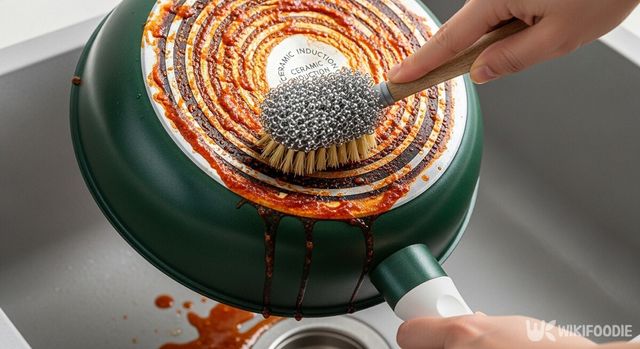 케첩과 베이킹소다를 섞은 청소제로 프라이팬 닦는 모습. / 위키푸디