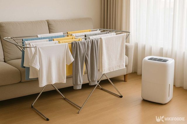 빨래 옆에 제습기가 돌아가고 있는 모습 / 위키푸디