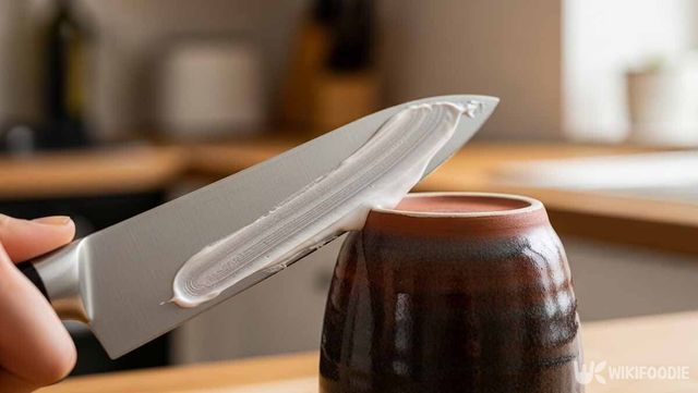 도자기 그릇에 치약을 바른 칼날을 문지르는 사진. / 위키푸디