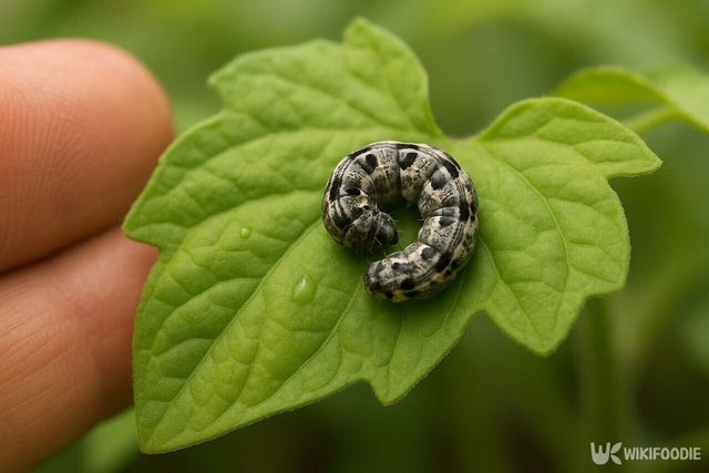 토마토 잎에 올라가 있는 나방 애벌레 / 위키푸디